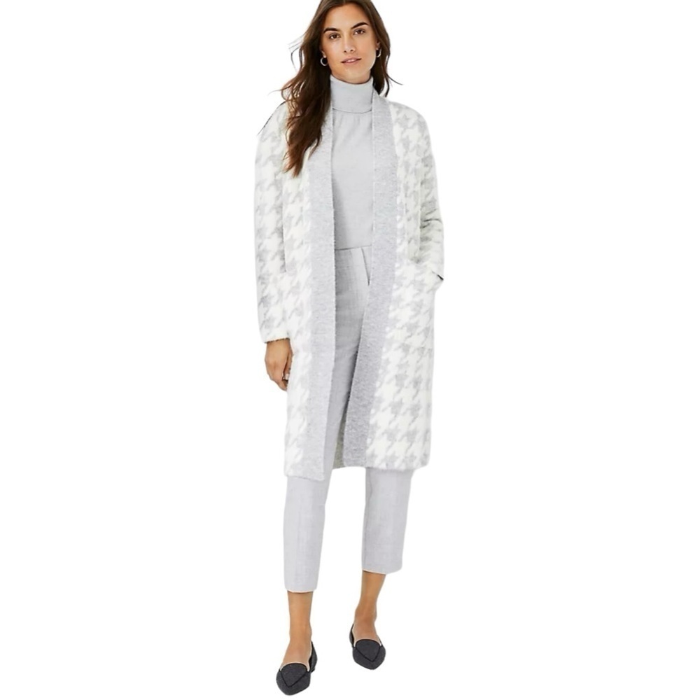 ANN TAYLOR Grey White Houndstooth Open Front Long Duster Cardigan Coat Size XS